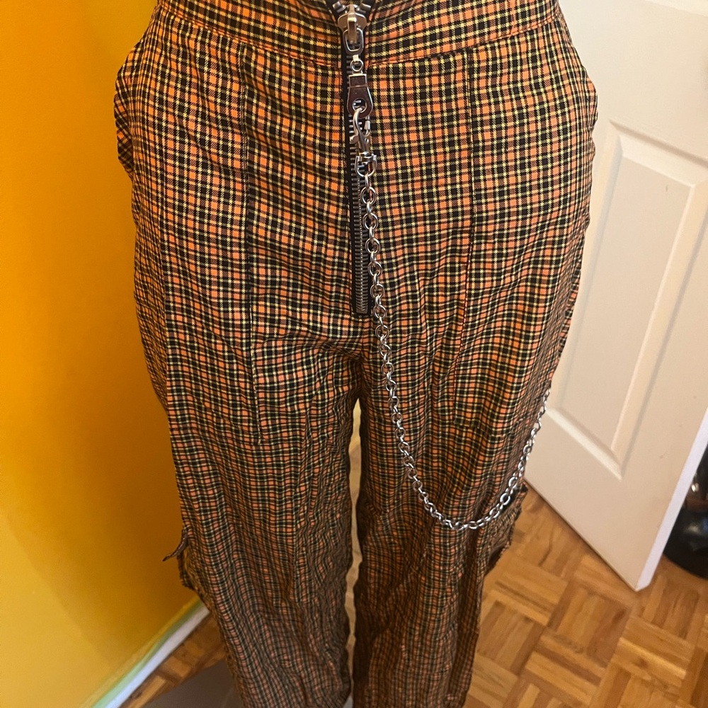 The Ragged Priest Yellow Cargo Plaid Pants Trousers XS wide leg Y2K punk style